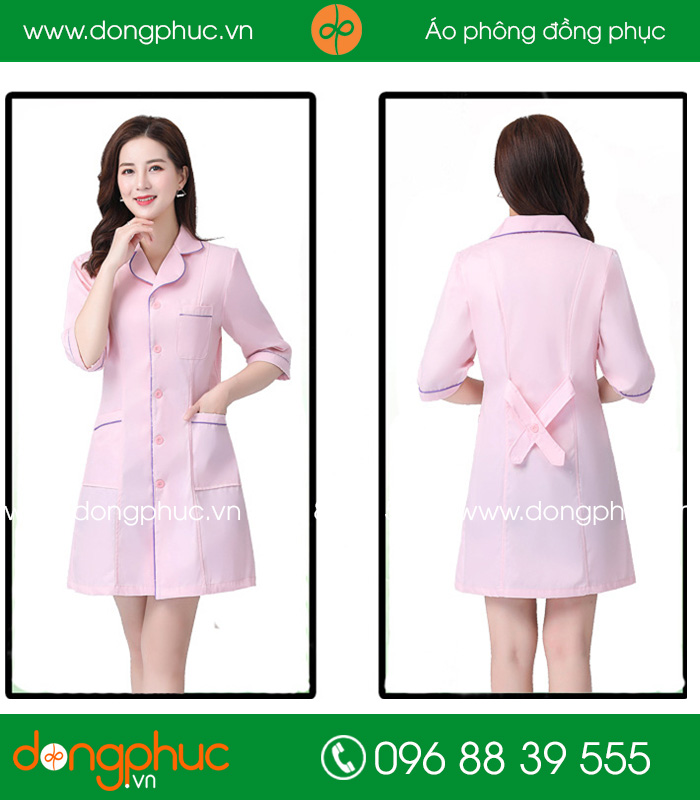 Áo blouse đồng phục y tá - Bác sĩ màu hồng nhạt viền tím